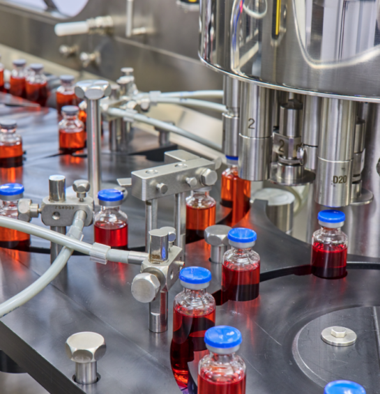 Vials of liquid in a machine